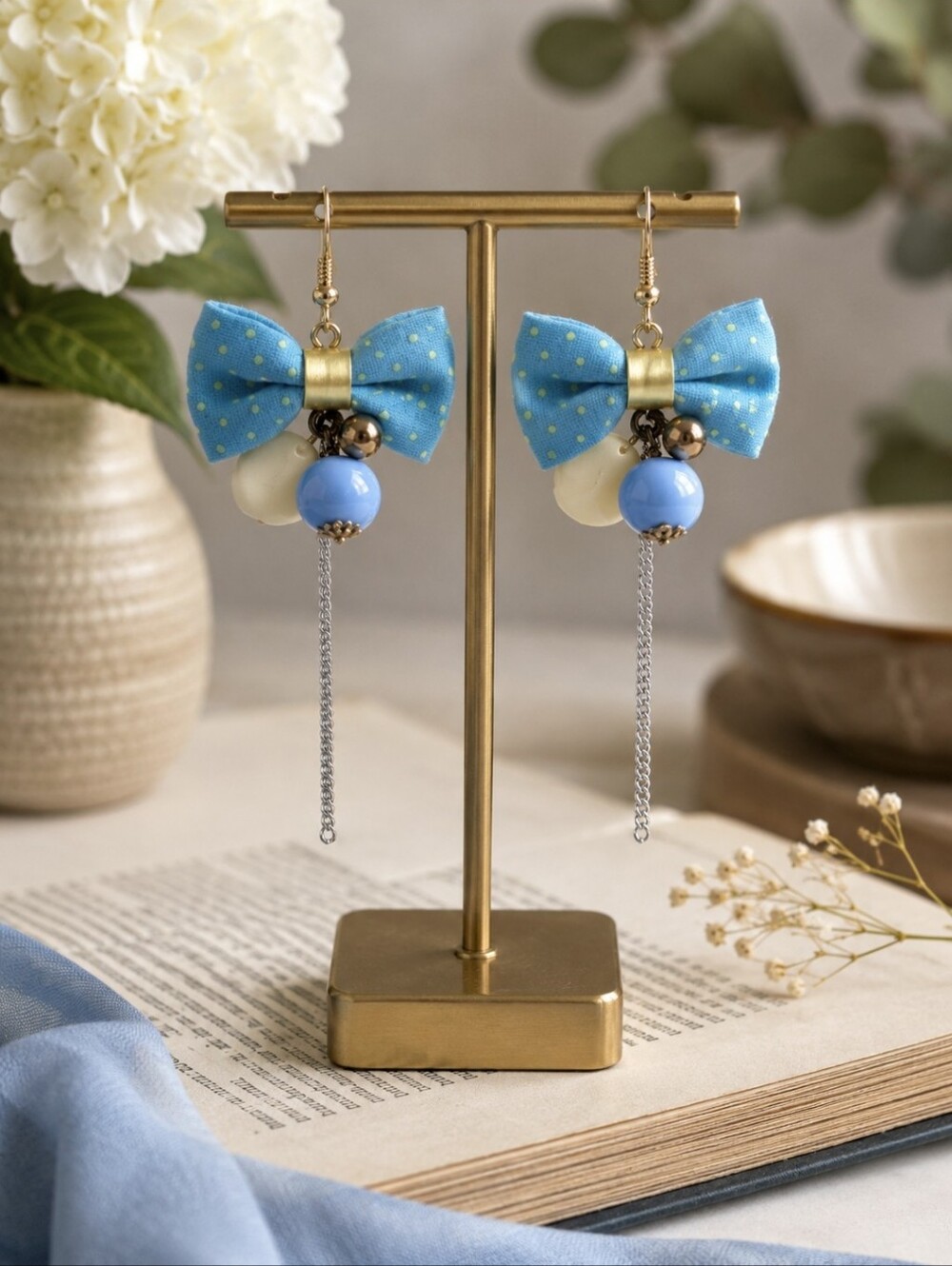 Blue Polka Dot Bow Earrings